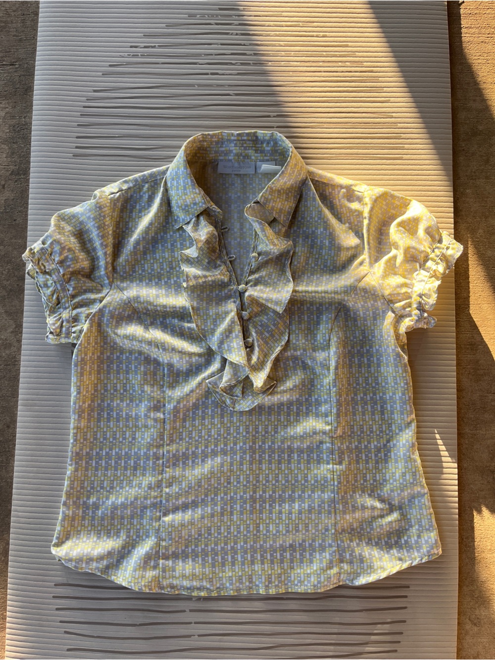Worthington Yellow Patterned Ruffle Front Short-Sleeve Blouse